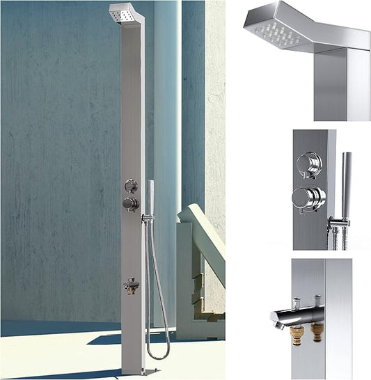 Bondi Silver ADA 316 Marine Grade Stainless Steel Outdoor Shower Panel-No Rust! Perfect for Swimming Pools. Hot & Cold Water Connections! Wall-Mounting & Freestanding Options