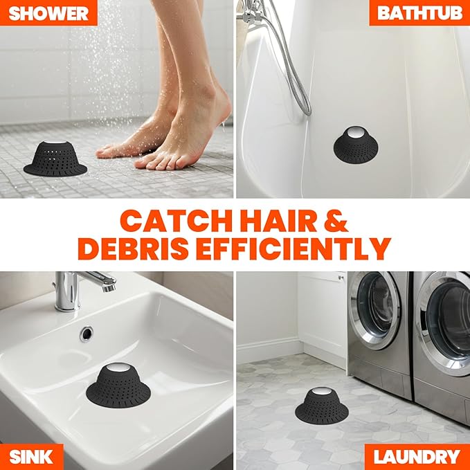 Shower Drain Hair Catcher - Bathtub Drain Cover Foldable Silicone，Shower Drain Protector for Pop-Up and Regular Drains of Shower,Tub, Bathroom, Sink, Silver-Black