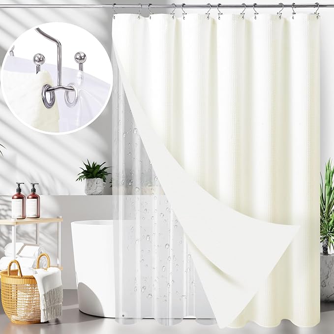 LaCyan 3 in 1 Waterproof Waffle Weave Shower Curtain and Clear Liner Set with 12 Stainless Steel Hooks Double Sided for Bathroom 72 Inches Heavy Duty Polyester Fabric Shower Curtains 72x84