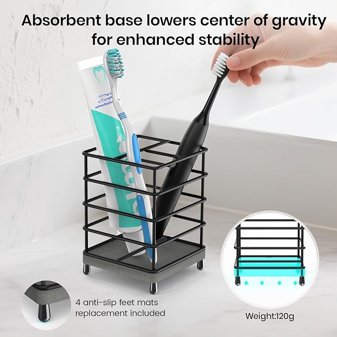 Toothbrush Holders with Quick Drying Mat—Black DiatomiteToothbrush and Toothpaste Holder for Bathroom—3 Slots Openwork Design Bathroom Counter Organizer for Electric Toothbrush,Razor, Toothpaste