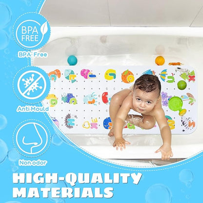 Baby Bath Mat for Tub Non Slip Kids Bathtub Mat Extra Long 40X16 Inch Toddler Bath Tub Shower Mat Anti Slip with Suction Cups & Drain Holes, Machine Washable (Alphabet)