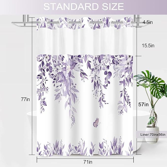 No Hook Shower Curtain and Liner Set, Light Purple Eucalyptus Floral Shower Curtains for Bathroom, Bath Curtain Sets with Snap in Liner, Waterproof with See Through Top Window, 71x77 Inches