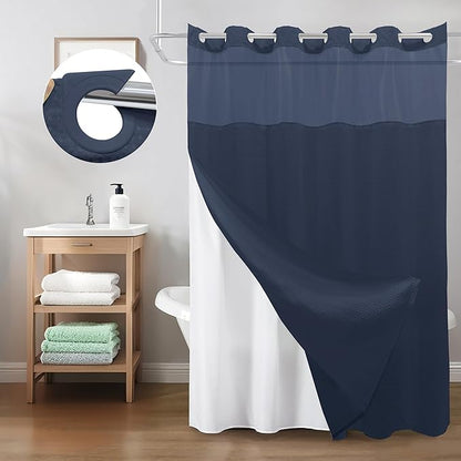 Inhousolu No Hook Shower Curtain with Snap in Fabric Liner Set Waffle Weave 230GSM Weighted Hem, Waterproof & Washable Bathroom Curtain Spa Luxury with Mesh Top Window 72" W x 72" L Navy Blue