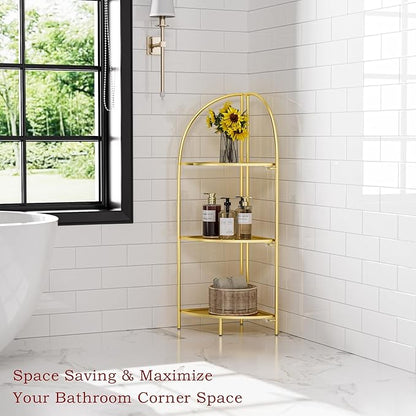 Crofy Foldable 3 Tier Corner Shelf, Metal Corner Plant Stand with Gold Frame and Gold Shelves, Corner Display Rack Multipurpose Shelving Unit for Living Room, Bedroom, Bathroom