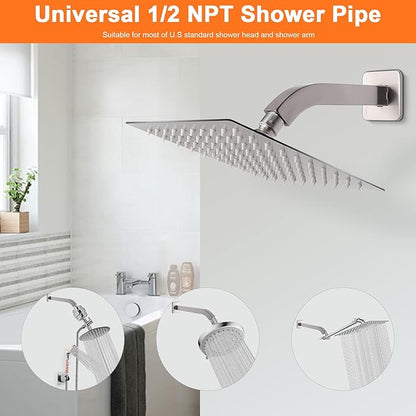 HarJue Shower Arm with Flange and Teflon Tape, Wall Mounted Square Shower Pipe 304 Stainless Steel Extension Arm for Fixed Shower Head & Handheld Shower (6 Inch, Brushed Nickel)