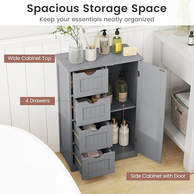 Tangkula Bathroom Floor Cabinet, Freestanding Storage Cabinet with 4 Drawers & Single Door, Adjustable Shelf, Multipurpose Bathroom Storage for Home Office, 21.5 x 12 x 32.5 Inches (Grey)