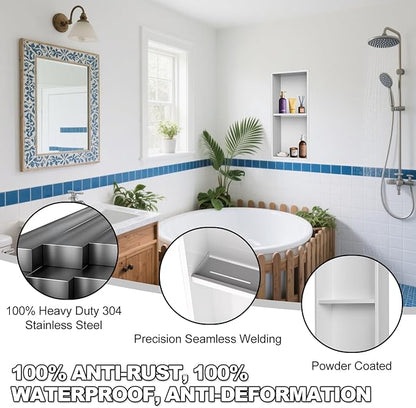 Real 304 Stainless Steel Shower Niche 12x24in-92° Quick Drain-No Tile Needed-2 Tier-Matte Recessed Wall Niche-Insert Shower Shelf-Built in Cabinet for Bathroom/Kitchen/Living Room/Study Storage