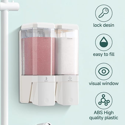 Shampoo and Conditioner Dispenser Wall Mounted No Drill, Shower Soap Dispenser 2 Chamber Shampoo Conditioner Body Wash Refillable 2 * 17oz Shower Soap Dispenser for Bathroom Hotel, White+Clear