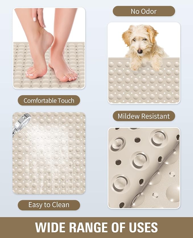 Yolife Extra Large Shower Mat, 34.3" L x 23.3" W TPE Anti Slip Stand Up Shower Mat with Drain Holes and Suction Cups, Large Size Mat More Suitable for Shower Stall, No Odor, Heavy Mat