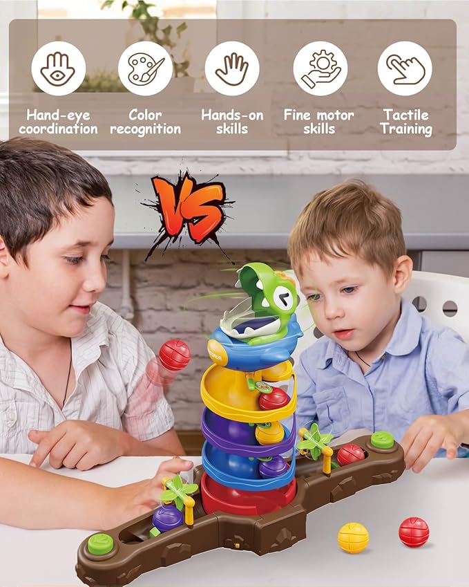 Dinosaur Ball Drop Tower for 3 4 5 6 7 8 Years Old Kids, Dino Spin Twister Toddlers Toy, Shoot Balls Toddler Montessori Toys Gifts for 3-6 Year Old Boys Girls, 2 Single Player Mode