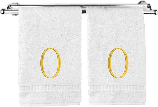 Monogrammed Hand Towel, Personalized Initial Gift, Extra Absorbent 100% Turkish Cotton - Soft Terry Finish - Set of 2 - Gold Block Initial O - Embroidered on White Towels