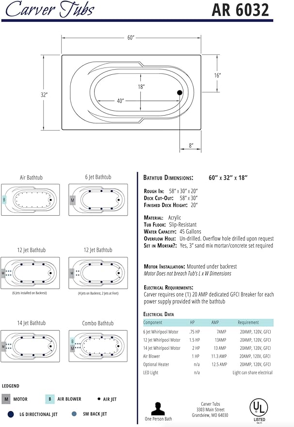Carver Tubs - AR6032 - Modern Acrylic Fiberglass Whirlpool Tub Water Massage Bathtub, w/Heated Air 12 Jets - White Rectangle Contemporary Bath Tub - Deep Relaxing Soak - 60"L x 32"W x 18"H