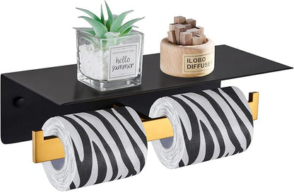 Angle Simple Double Toilet Paper Holder with Shelf, 304 Stainless Steel Bathroom Toilet Tissue Roll Holder for Wall Black and Gold