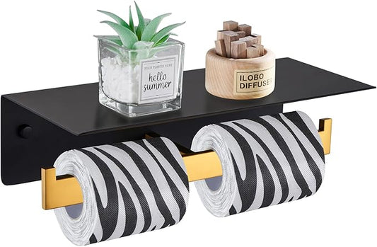 Angle Simple Double Toilet Paper Holder with Shelf, 304 Stainless Steel Bathroom Toilet Tissue Roll Holder for Wall Black and Gold