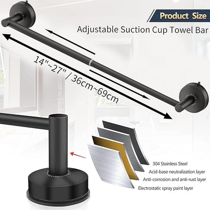DGYB Adjustable Suction Cup Towel Bar for Bathroom 14 Inch ~ 27 Inch Set of 2 Matte Black Towel Rack Stainless Steel Bath Towel Holder for Glass Shower Door