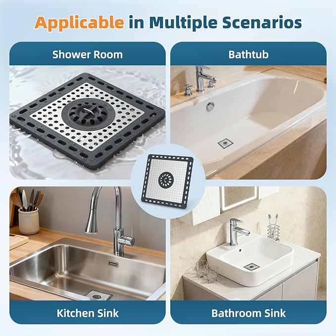 Hibbent 2 Pack Shower Drain Hair Catcher, Shower Drain Cover for Bathroom Floor 6" Drain, Anti-Clogging Bathtub Drain Strainer, Stainless Steel Kitchen Sink Drain Strainer with Handle, Dark Grey