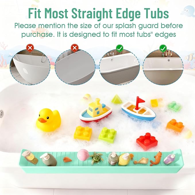 Splash Guard for Bathtub Kids, Longer Silicone Bathtub Splash Guard with 11 Suction Cups, Bath Tub Play Shelf for Kids & Toy Holder, Prevent Water Spill in Bathroom, Green
