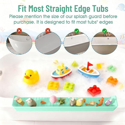 Splash Guard for Bathtub Kids, Longer Silicone Bathtub Splash Guard with 11 Suction Cups, Bath Tub Play Shelf for Kids & Toy Holder, Prevent Water Spill in Bathroom, Green