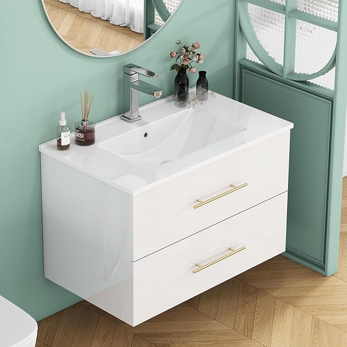 32" Wall Mounted Bathroom Vanity with Sink, High Gloss White Floating Cabinet, Modern Gold Handles, 2 Soft Close Drawers, Integrated Ceramic Top for Powder Room