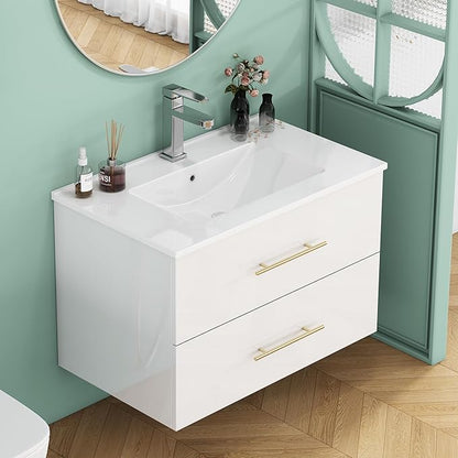 32" Wall Mounted Bathroom Vanity with Sink, High Gloss White Floating Cabinet, Modern Gold Handles, 2 Soft Close Drawers, Integrated Ceramic Top for Powder Room