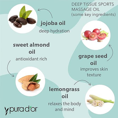PURA D'OR 16 Oz Organic Deep Tissue Sports Massage - Jojoba, Sunflower, Almond, Grapefruit & Eucalyptus Oils - Alleviate Muscle Soreness