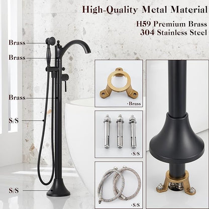 Freestanding Bathtub Faucet, Matte Black Classic Free Standing Tub Faucet with Vintage Handheld Sprayer High Flow Max 7.04GPM Floor Mounted Tub Filler (WT-9002BK)