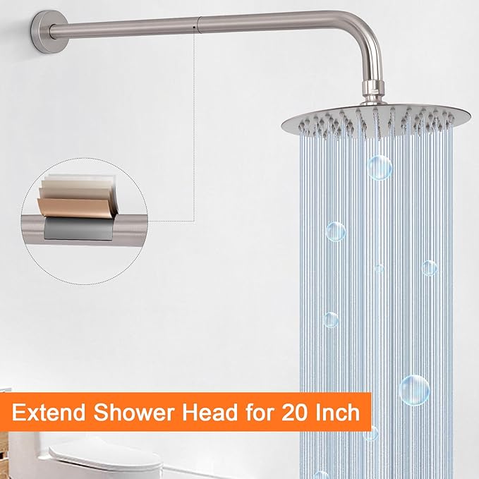 HarJue Shower Arm with Flange and Teflon Tape, Wall Mounted Shower Pipe 304 Stainless Steel Extension Arm for Fixed Shower Head & Handheld (20 Inch, Brushed Nickel)