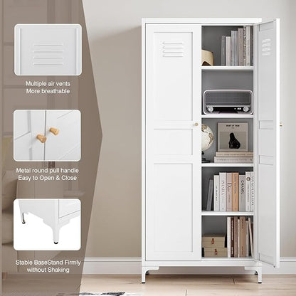 Yizosh Metal Storage Cabinet with 2 Doors and 4 Adjustable Shelves - 61" White Kitchen Pantry Storage 5-Tier Tall Steel Cabinets Locker for Kitchen, Living Room, Dining Room