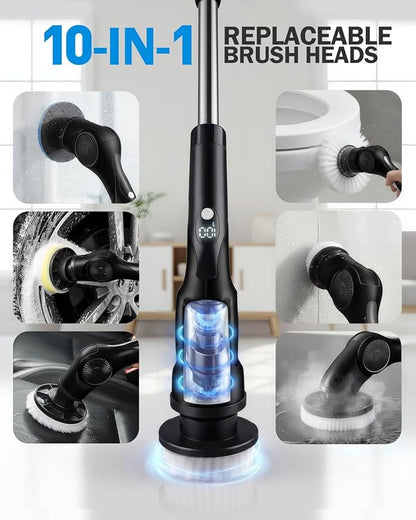 Electric Spin Scrubber, 3-Speed Cordless Shower Scrubber with 90° Adjustable & 10 Replaceable Brush Heads, 90 Mins Runtime & Full-Body IPX7 Waterproof Shower Cleaner Brush with Long Handle