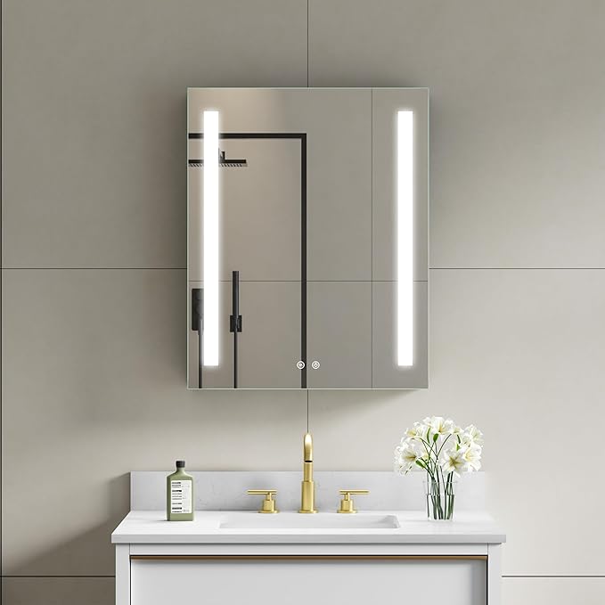 WELLFOR 24" X 30" LED Medicine Cabinet with Mirror, Single Right Opening Door, Recessed or Surface Cabinet Mirror, Bathroom Mirror Cabinet, Medicine Cabinet with Lights with Outlets & USB Ports