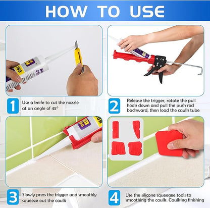 Drip-free Caulking Gun Ratchet Rod Caulk Gun Applicator 15:1 Thrust Ratio Labor-saving Lightweight Nylon Frame Cartridge Gun Fits 10oz/310ml Standard Caulk Tubes with Silicone Finishing Tools