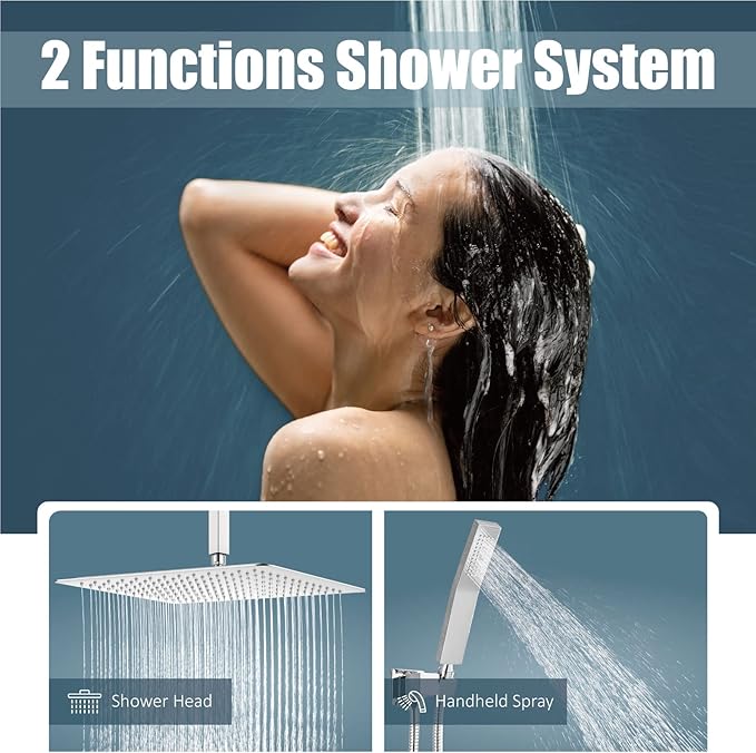Aolemi Ceiling Mount Shower System Rain Shower Head with Handheld Spray High Pressure Shower Faucet Set Rough-in Valve Shower Trim Kit Included Bathroom Polish Chrome 16 Inch Ceiling Shower Head