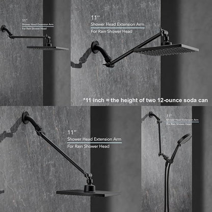 11 Inch Adjustable Shower Head Extension Arm With Locking Set Screw, Singing Rain Brass Matt Black Angle Height Adjustable, Easy To Install, G1/2 Universal Connector Compatible (Matt Black)