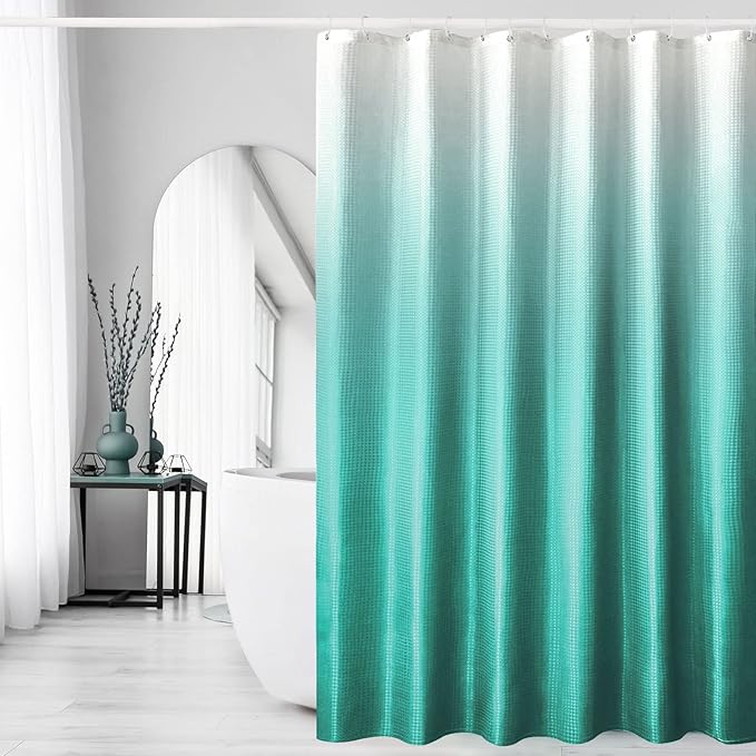 Gibelle Teal Shower Curtain for Bathroom, Waffle Weave Ombre Textured Fabric Shower Curtain Set with Hooks, Water Repellent and Machine Washable, 72 x 72
