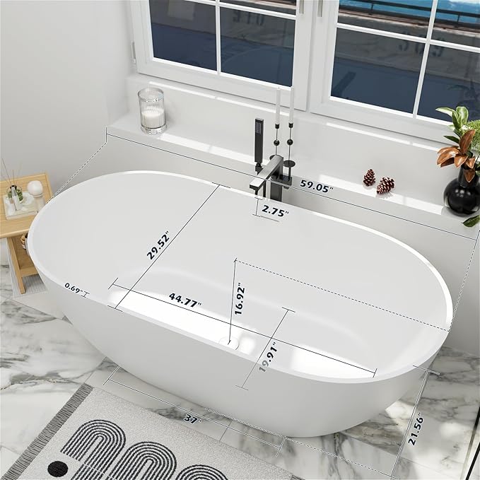 GIVINGTREE 59'' Freestanding Solid Surface Resin Stone Bathtub, Contemporary Design Stand Alone Tub with Pop-up Drain and Overflow, cUPC Certified, Matte White