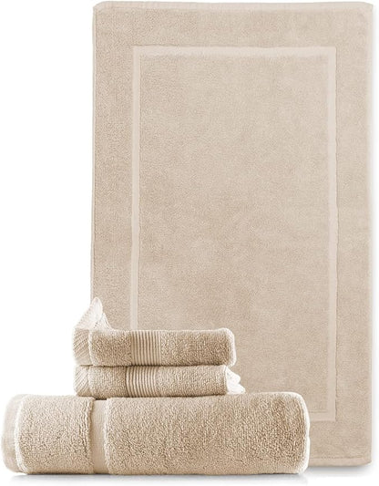 Hearth & Harbor Bath Mat Towels - 100% Ring Spun Cotton Luxury Bath Mat Floor Towels - Ultra Soft & Highly Absorbent Bath Towels Set of 4 - Cream