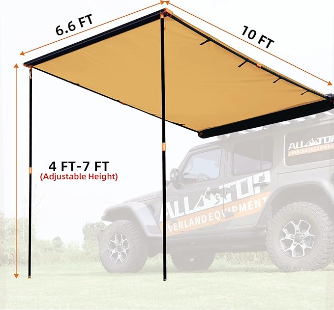 ALL-TOP Vehicle Awning 6.6'x10' Roof Rack Pull-Out Sun Shade UV50+, Weatherproof 4x4 Side Awning for Camping & Overland (Hardware Included)