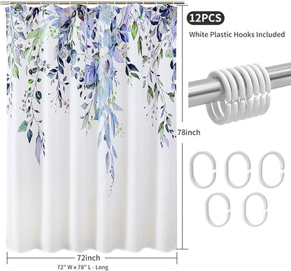 Colorful Star Green Eucalyptus Waterproof Shower Curtain Set with Hooks, Minimalist Watercolor Floral Print Bathroom Décor, Plant Leaves Washable Fabric Shower Curtain, 72 x 78 Inch
