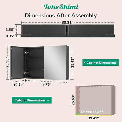 TokeShimi 40x26 Bathroom Medicine Cabinet with Mirror Tempered, Aluminum Black Mirrored Medicine Cabinet Recessed or Surface Mount with Adjustable Storage Metal for Modern Farmhouse