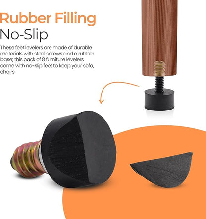 5/16 Rubber Adjustable Furniture Leveler，8 Pack Leveling Feet Screws in Threaded, Feet Levelers Screw On Furniture Glide Leveling for Table, Chair, Furniture Legs
