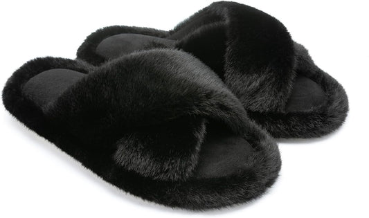 Chantomoo Womens Slippers Memory Foam Fuzzy Cross Band Faux Fur Slippers for Women Gift