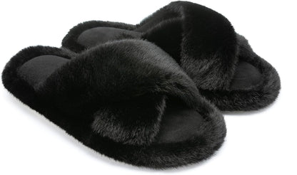 Chantomoo Womens Slippers Memory Foam Fuzzy Cross Band Faux Fur Slippers for Women Gift
