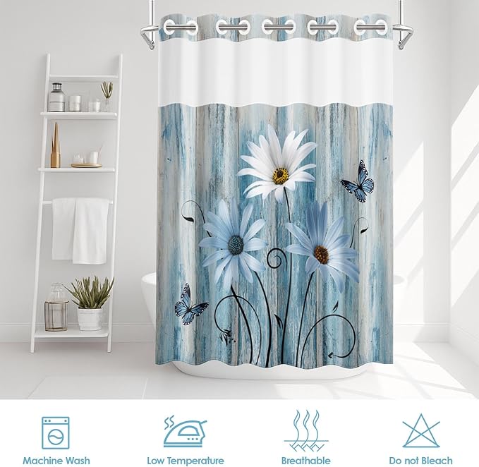 No Hook Blue Daisy Shower Curtain with Snap in Fabric Liner Set, Wooden Boards Double Layers Waterproof Fabric with See Through Top Window Open Grommet Bath Curtain 71x74 Inch