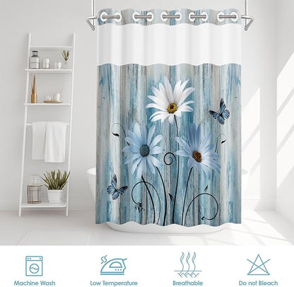 No Hook Blue Daisy Shower Curtain with Snap in Fabric Liner Set, Wooden Boards Double Layers Waterproof Fabric with See Through Top Window Open Grommet Bath Curtain 71x74 Inch