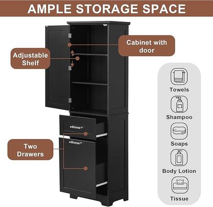 Favfurish 68" Tall Bathroom Storage Cabinet with Door and 2 Drawer,Modern Linen Cabinets w/Adjustable Shelf & Magnetic Door Stopper,Freestanding Organizer for Bath Room,Study,Office,Kitchen Black