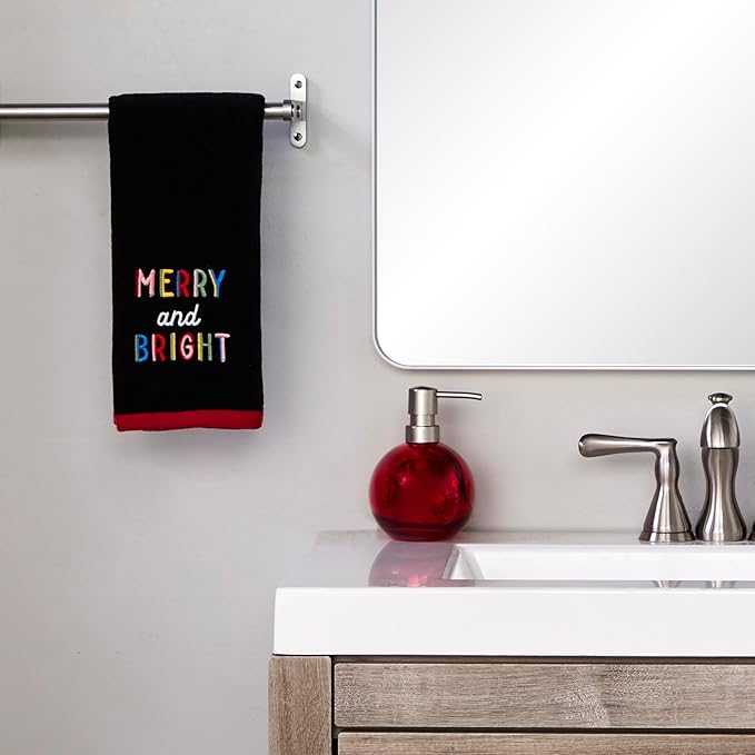 SKL Home Christmas/Winter Rainbow Merry 100% Cotton Embroidered 2pc Hand Towel Set, Decorative for Bath/Kitchen/Bar, Black
