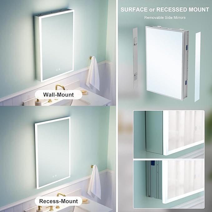 WELLFOR 24" X 30" Medicine Cabinet With Lights, 3X Magnification, Anti-Fog Mirrored Cabinet, Bathroom Vanity With Outlets & USB Ports, Left Opening Door