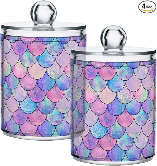 MNSRUU 4 Pack Qtip Holder Organizer Dispenser Colorful Mermaid Scales Bathroom Containers Bathroom Vanity Storage Canister Apothecary Jars for Cotton Swabs/Pads/Floss