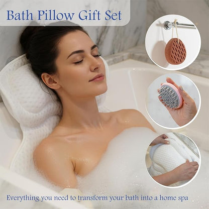 Bath Pillows for Tub, Bathtub Pillow Gift Set: 4D Air Mesh Cushion for Head & Neck, Spa Relaxing Accessories, Plus Bath Sponge & Scalp Massage Brush, Gift Bag