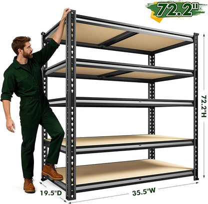 72.2" H Garage Shelves 2230LBS Storage Shelves, 5 Tier Adjustable Metal Shelving, Heavy Duty Shelving for Storage, Basement, Warehouse, Pantry, Kitchen, 35.5" W x 19.5" D x 72.2" H, Black